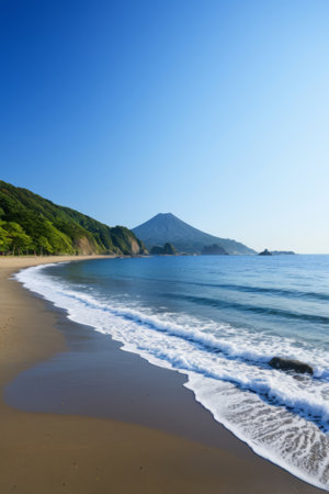 Seaside beach and distant mountain sceneryの素材