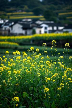 Yellow rapeseed flowers in rural fieldsの素材