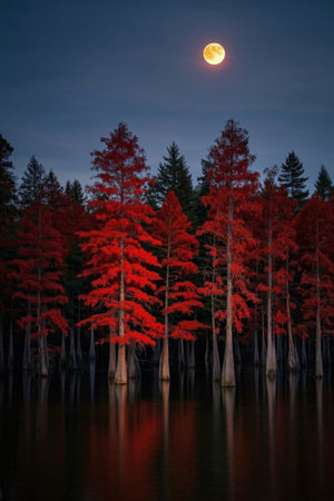 Red Metasequoia forest landscape on moonlit nightの素材