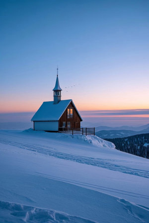Wooden house with spire on a snowy mountainの素材