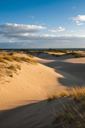 Natural scenery of sand dunes under blue sky and white cloudsの素材