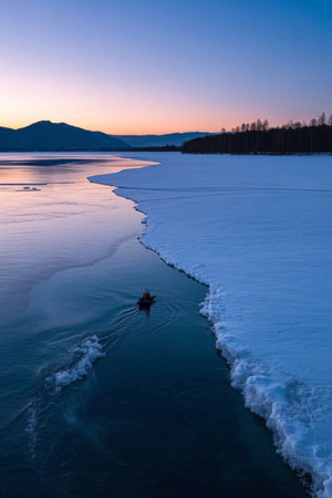 Single boating on the surface of the glacial lakeの素材