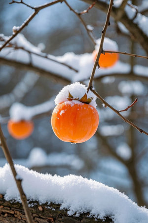 Close up of persimmons on a branch in the snowの素材