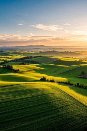 Panoramic view of natural scenery in fields and hillsの素材