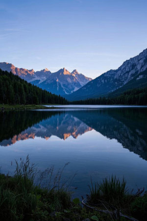 Morning reflection landscape of mountains, forests and lakesの素材