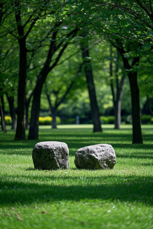Two stones in the park meadowの素材
