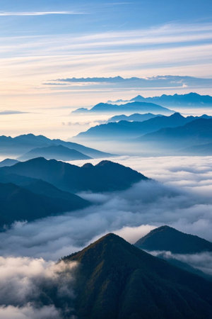 Scenery of rolling mountains surrounded by a sea of cloudsの素材