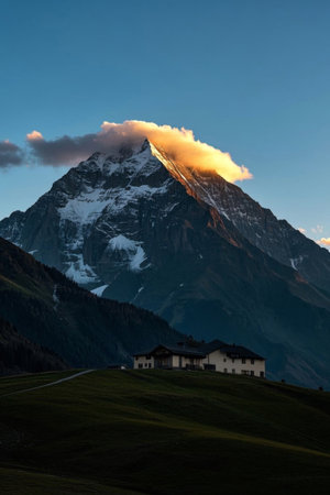 Houses and nature at the foot of the snow capped mountainsの素材
