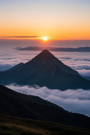 Mountain and sea of clouds at sunriseの素材
