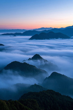 Panoramic view of sunrise over a sea of clouds in the mountainsの素材