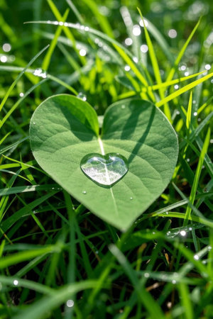 Close up of water droplets on heart shaped green leavesの素材