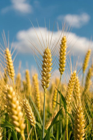 Mature wheat under blue sky and white cloudsの素材