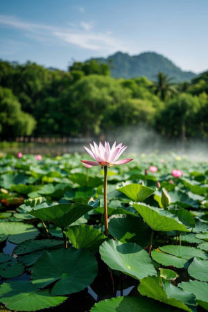 Pink lotus flowers blooming in the pondの素材