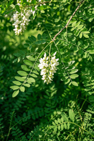 White locust flowers and green leaves in bloomの素材