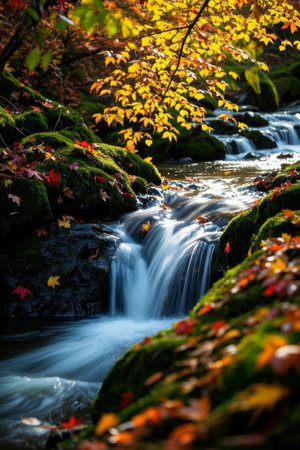 Autumn mountain stream and leaf litter landscapeの素材
