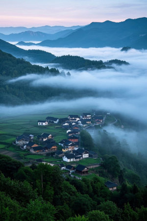 Mountain villages surrounded by morning mistの素材