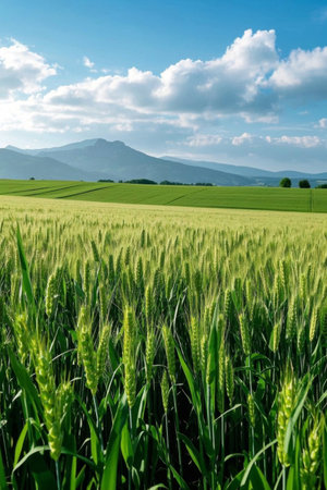 Green wheat landscape on vast fieldsの素材