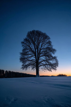 Lonely trees in the snow at duskの素材
