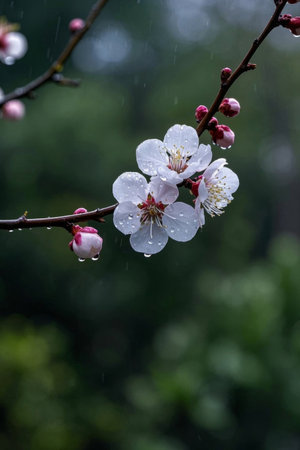 Close up of pink flowers blooming in the rainの素材