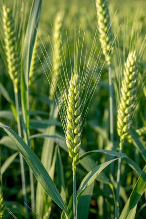 Close up of green wheat in a wheat fieldの素材