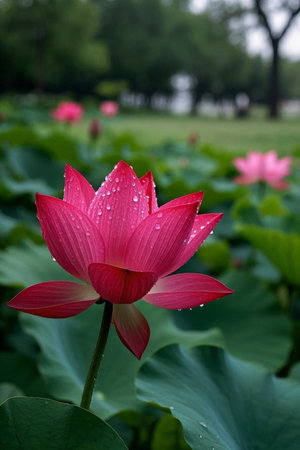 Close up of delicate lotus flowers with water beadsの素材
