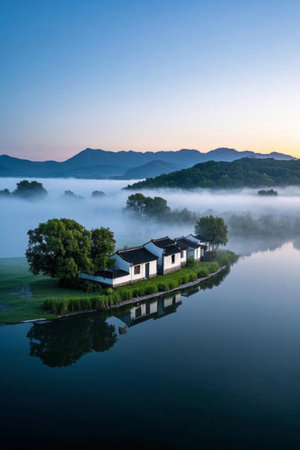 Morning mist surrounds Chinese style buildings on a small island in the lakeの素材