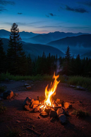 Bonfire scene in the mountain twilightの素材