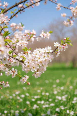 Blooming pink flowers and green grass landscapeの素材