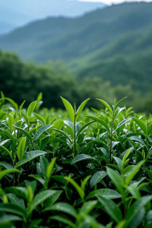 Close up tea garden and distant mountain sceneryの素材
