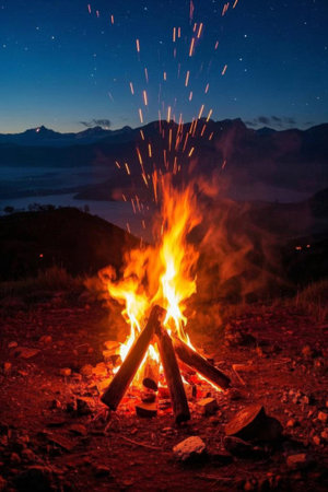 Outdoor bonfire view under the starsの素材