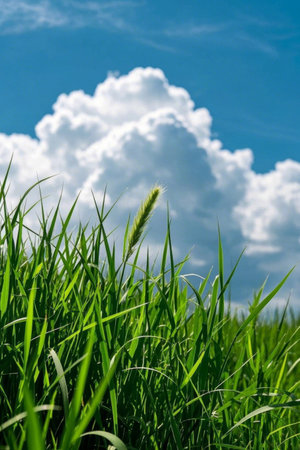 Blue sky, grass and white clouds natural landscapeの素材