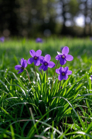 Small purple flowers blooming on the grassの素材