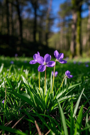 Close up of small purple flowers in the forestの素材