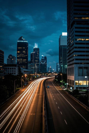 City Highway Night View and High Rise Buildingsの素材