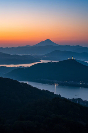 Landscape of mountains and lakes at sunsetの素材