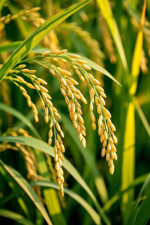 Close up of ripe rice earsの素材