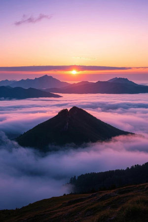 Beautiful scenery of sunrise over the sea of clouds in the mountainsの素材