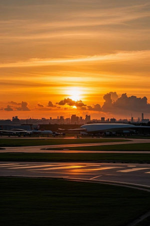 Airport sunset aircraft apron sceneの素材