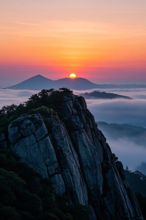 Sunrise scene between mountains and sea of cloudsの素材