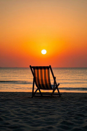 Lounge chairs on the beach and sunset at seaの素材