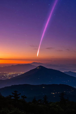 Meteor streaks across the beautiful mountain night skyの素材
