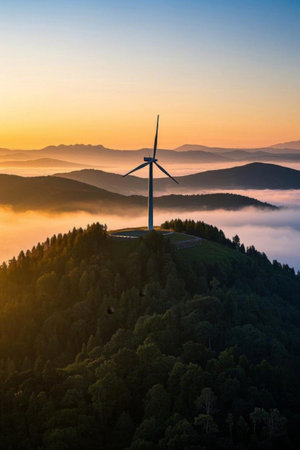Peak windmills and mountain, forest, cloud and sea sceneryの素材