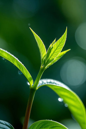 Close up of a tender green plant with dewdropsの素材