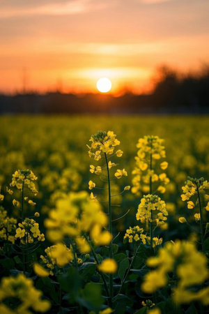 Rapeseed fields at sunsetの素材