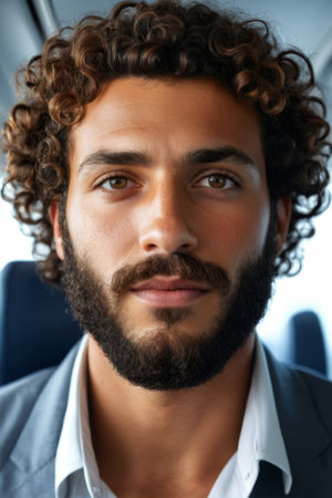 Close up portrait of a man with curly hairの素材