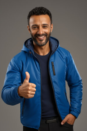 Man in blue coat gives thumbs upの素材