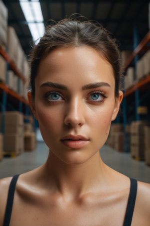 Close up of a woman's face in a warehouseの素材