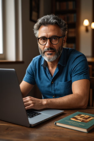 Middle aged man uses laptop to workの素材