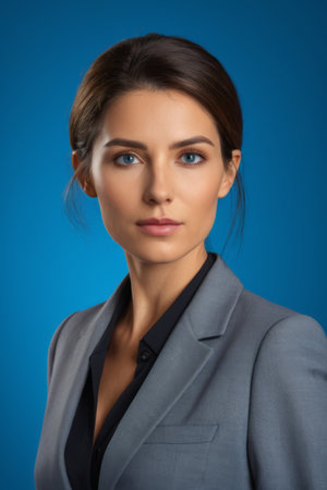 Portrait of a working woman on blue backgroundの素材