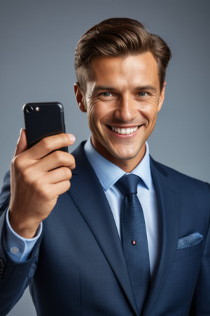 Suit men holding smartphones displayの素材